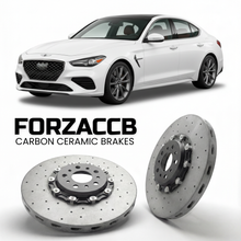 ForzaCCB direct OEM replacement carbon ceramic brake rotors for 2019 to 2026 Genesis G70 models, shown with a white Genesis G70 car.