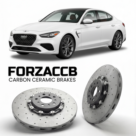 ForzaCCB direct OEM replacement carbon ceramic brake rotors for 2019 to 2026 Genesis G70 models, shown with a white Genesis G70 car.