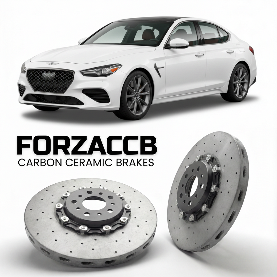 ForzaCCB direct OEM replacement carbon ceramic brake rotors for 2019 to 2026 Genesis G70 models, shown with a white Genesis G70 car.