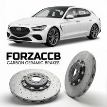 ForzaCCB direct OEM replacement carbon ceramic brake rotors for 2021 to 2026 Genesis G70 Shooting Brake models, shown with a white Genesis G70 Shooting Brake car.
