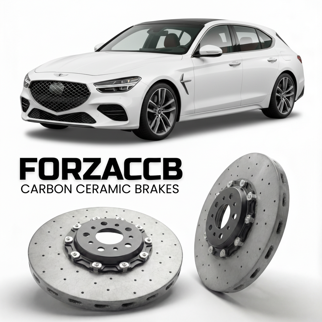 ForzaCCB direct OEM replacement carbon ceramic brake rotors for 2021 to 2026 Genesis G70 Shooting Brake models, shown with a white Genesis G70 Shooting Brake car.