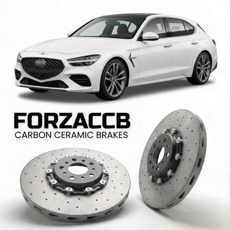 ForzaCCB direct OEM replacement carbon ceramic brake rotors for 2021 to 2026 Genesis G70 Shooting Brake models, shown with a white Genesis G70 Shooting Brake car.
