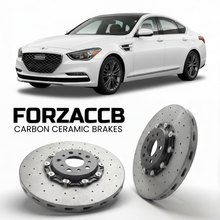 ForzaCCB direct OEM replacement carbon ceramic brake rotors for 2019 to 2020 Genesis G80 DH models, shown with a white Genesis G80 car.