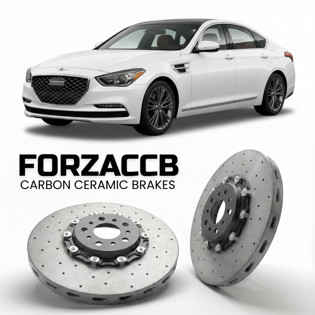 ForzaCCB direct OEM replacement carbon ceramic brake rotors for 2019 to 2020 Genesis G80 DH models, shown with a white Genesis G80 car.