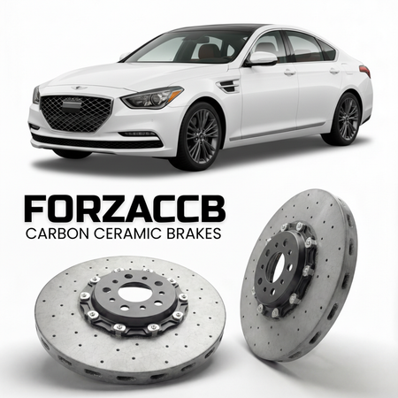 ForzaCCB direct OEM replacement carbon ceramic brake rotors for 2019 to 2020 Genesis G80 DH models, shown with a white Genesis G80 car.