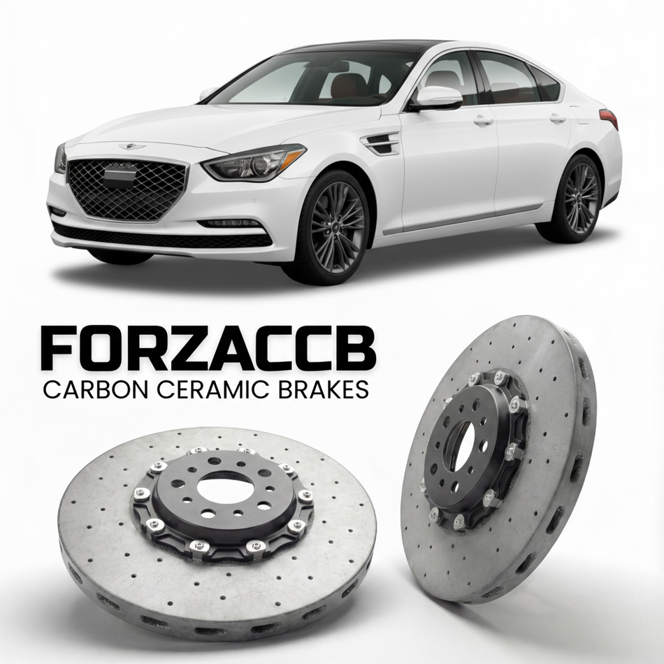 ForzaCCB direct OEM replacement carbon ceramic brake rotors for 2019 to 2020 Genesis G80 DH models, shown with a white Genesis G80 car.