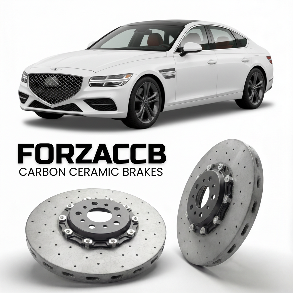 ForzaCCB direct OEM replacement carbon ceramic brake rotors for 2021 to 2026 Genesis G80 RG3 models, shown with a white Genesis G80 car.
