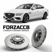 ForzaCCB direct OEM replacement carbon ceramic brake rotors for 2021 to 2026 Genesis G80 RG3 models, shown with a white Genesis G80 car.