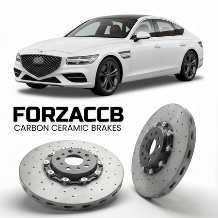 ForzaCCB direct OEM replacement carbon ceramic brake rotors for 2021 to 2026 Genesis G80 RG3 models, shown with a white Genesis G80 car.