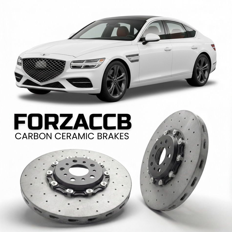ForzaCCB direct OEM replacement carbon ceramic brake rotors for 2021 to 2026 Genesis G80 RG3 models, shown with a white Genesis G80 car.