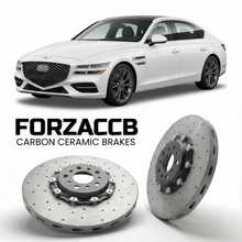 ForzaCCB direct OEM replacement carbon ceramic brake rotors for 2022 to 2024 Genesis G80 Electrified models, shown with a white Genesis G80 Electrified car.