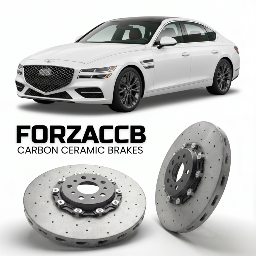 ForzaCCB direct OEM replacement carbon ceramic brake rotors for 2022 to 2024 Genesis G80 Electrified models, shown with a white Genesis G80 Electrified car.