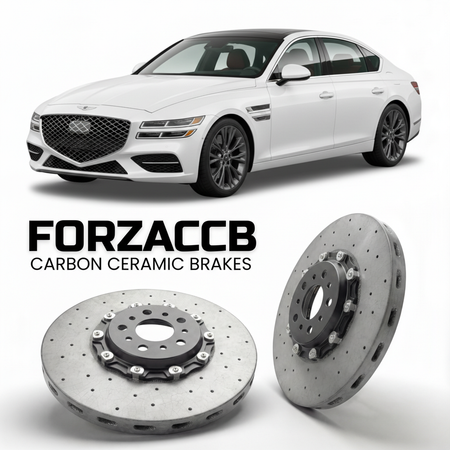 ForzaCCB direct OEM replacement carbon ceramic brake rotors for 2022 to 2024 Genesis G80 Electrified models, shown with a white Genesis G80 Electrified car.