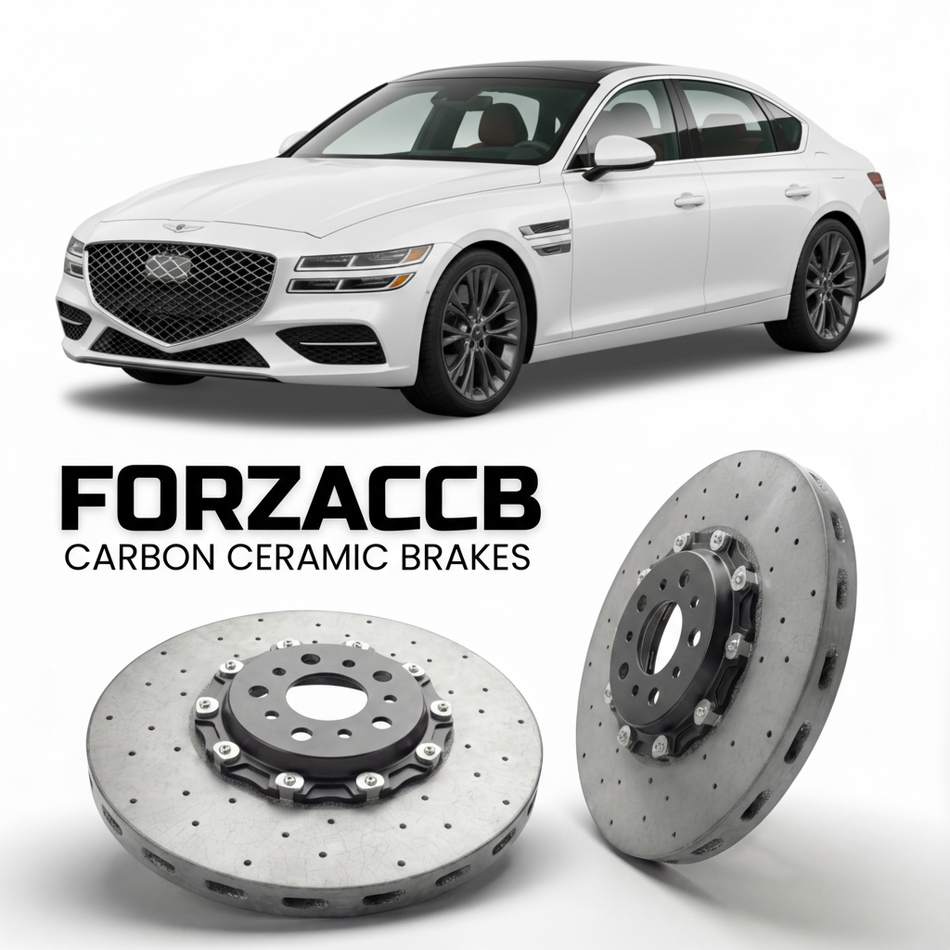 ForzaCCB direct OEM replacement carbon ceramic brake rotors for 2022 to 2024 Genesis G80 Electrified models, shown with a white Genesis G80 Electrified car.