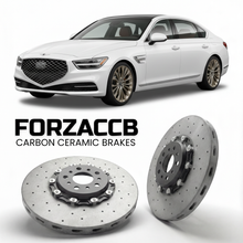 ForzaCCB direct OEM replacement carbon ceramic brake rotors for 2019 to 2022 Genesis G90 HI models, shown with a white Genesis G90 car.