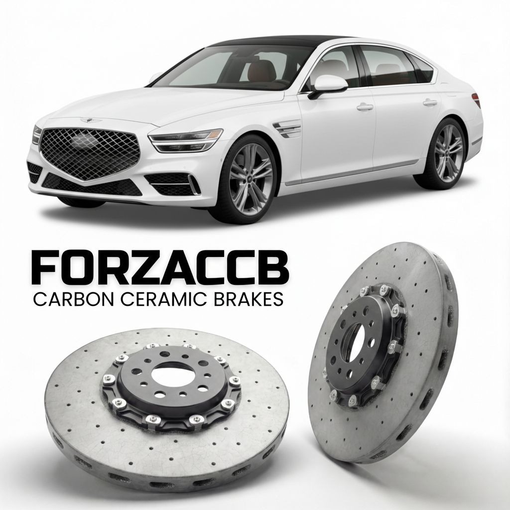ForzaCCB direct OEM replacement carbon ceramic brake rotors for 2023 to 2026 Genesis G90 RS4 models, shown with a white Genesis G90 car.