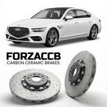 ForzaCCB direct OEM replacement carbon ceramic brake rotors for 2023 to 2026 Genesis G90 RS4 models, shown with a white Genesis G90 car.