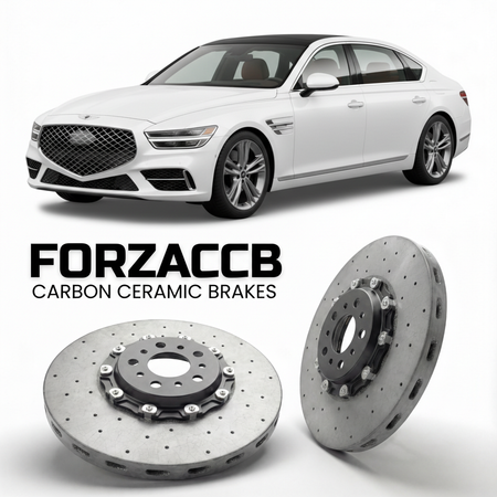 ForzaCCB direct OEM replacement carbon ceramic brake rotors for 2023 to 2026 Genesis G90 RS4 models, shown with a white Genesis G90 car.