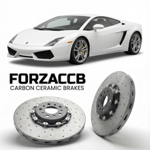 ForzaCCB direct OEM replacement carbon ceramic brake rotors for 2003 to 2008 Lamborghini Gallardo 5.0 models, shown with a white Lamborghini Gallardo 5.0 car.