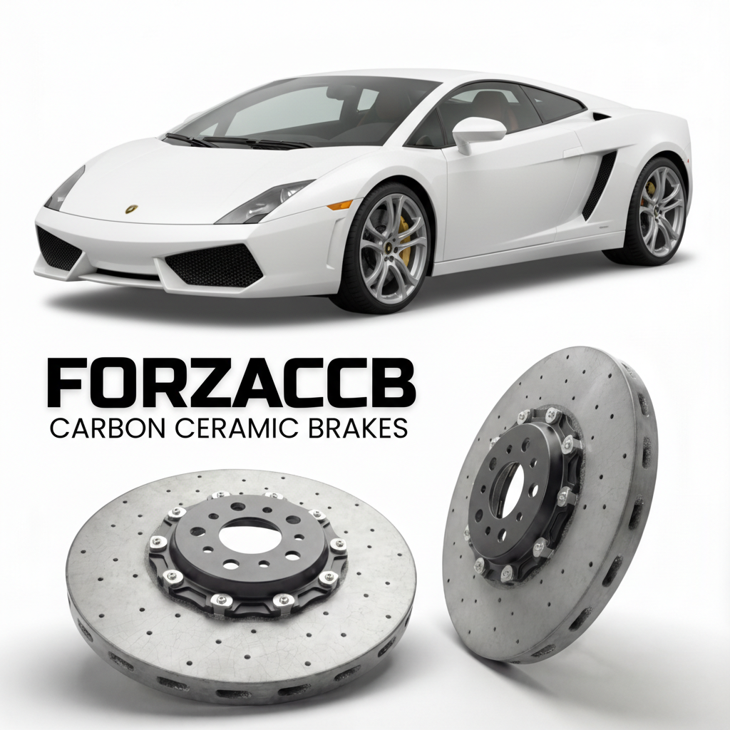 ForzaCCB direct OEM replacement carbon ceramic brake rotors for 2003 to 2008 Lamborghini Gallardo 5.0 models, shown with a white Lamborghini Gallardo 5.0 car.