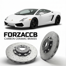 ForzaCCB direct OEM replacement carbon ceramic brake rotors for 2008 to 2013 Lamborghini Gallardo LP560-4 models, shown with a white Lamborghini Gallardo LP560-4 car.