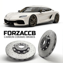 ForzaCCB direct OEM replacement carbon ceramic brake rotors for 2020 and newer Koenigsegg Gemera models, shown with a white Koenigsegg Gemera car.