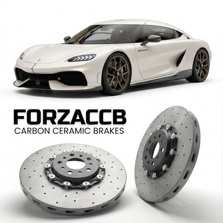 ForzaCCB direct OEM replacement carbon ceramic brake rotors for 2020 and newer Koenigsegg Gemera models, shown with a white Koenigsegg Gemera car.