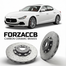 ForzaCCB direct OEM replacement carbon ceramic brake rotors for 2013 to 2023 Maserati Ghibli models, shown with a white Maserati Ghibli car.