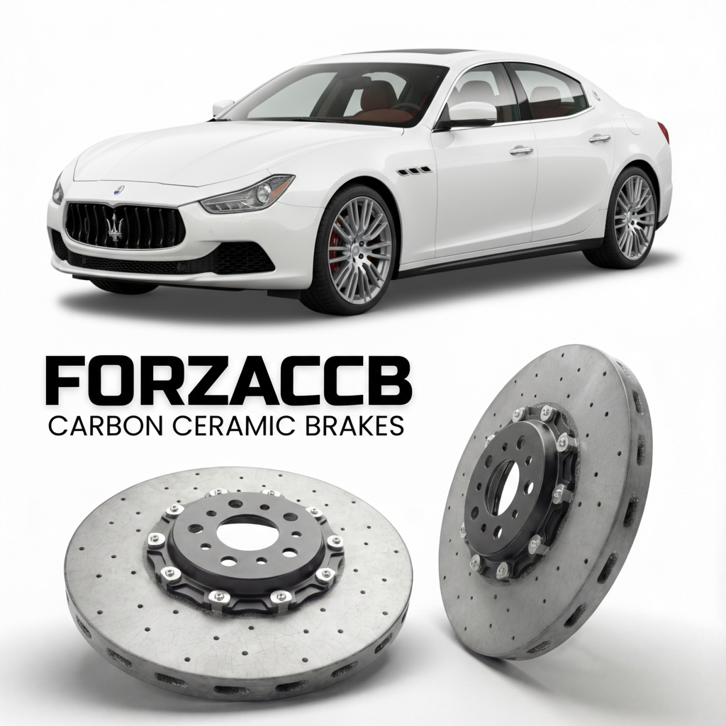 ForzaCCB direct OEM replacement carbon ceramic brake rotors for 2013 to 2023 Maserati Ghibli models, shown with a white Maserati Ghibli car.
