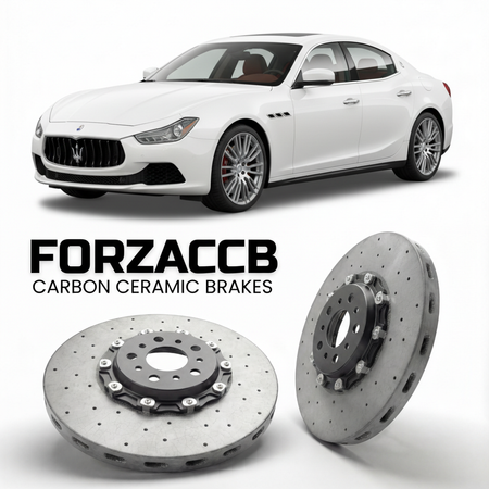 ForzaCCB direct OEM replacement carbon ceramic brake rotors for 2013 to 2023 Maserati Ghibli models, shown with a white Maserati Ghibli car.