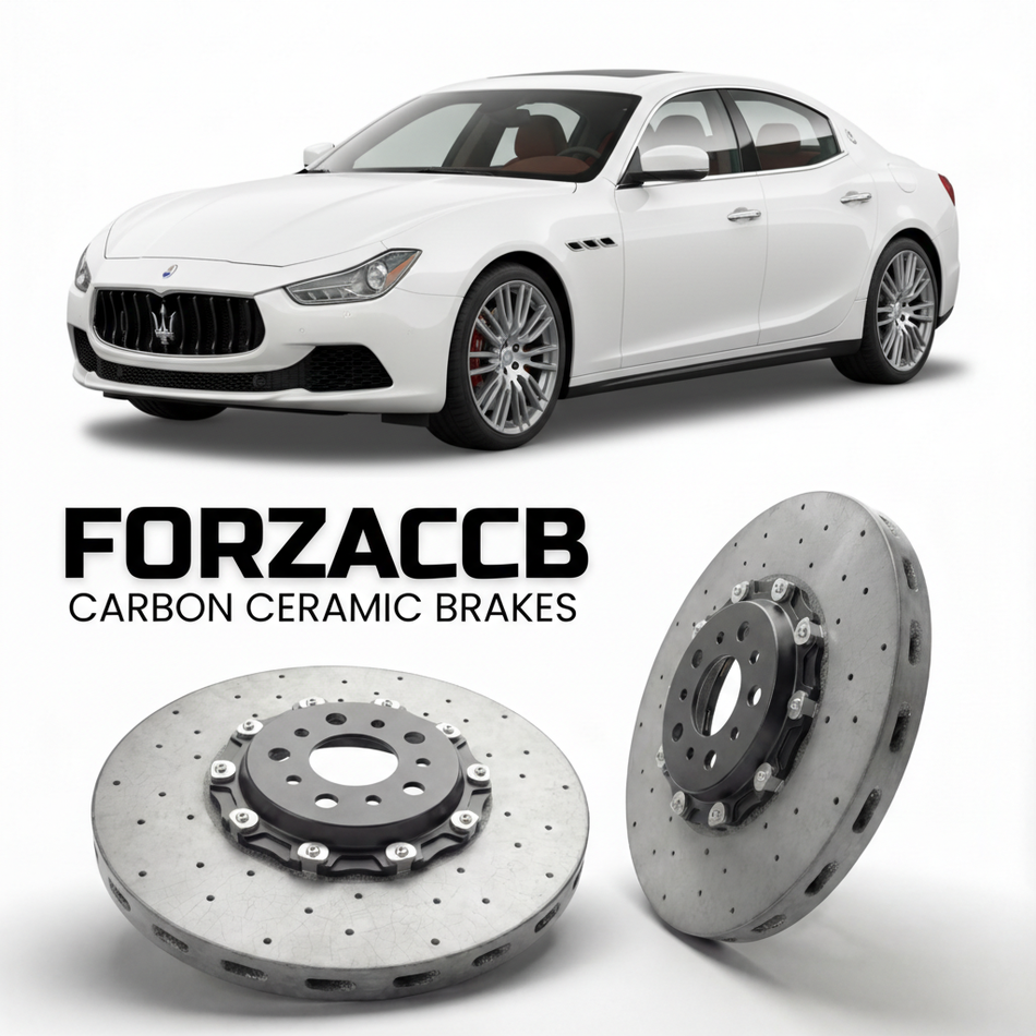 ForzaCCB direct OEM replacement carbon ceramic brake rotors for 2013 to 2023 Maserati Ghibli models, shown with a white Maserati Ghibli car.