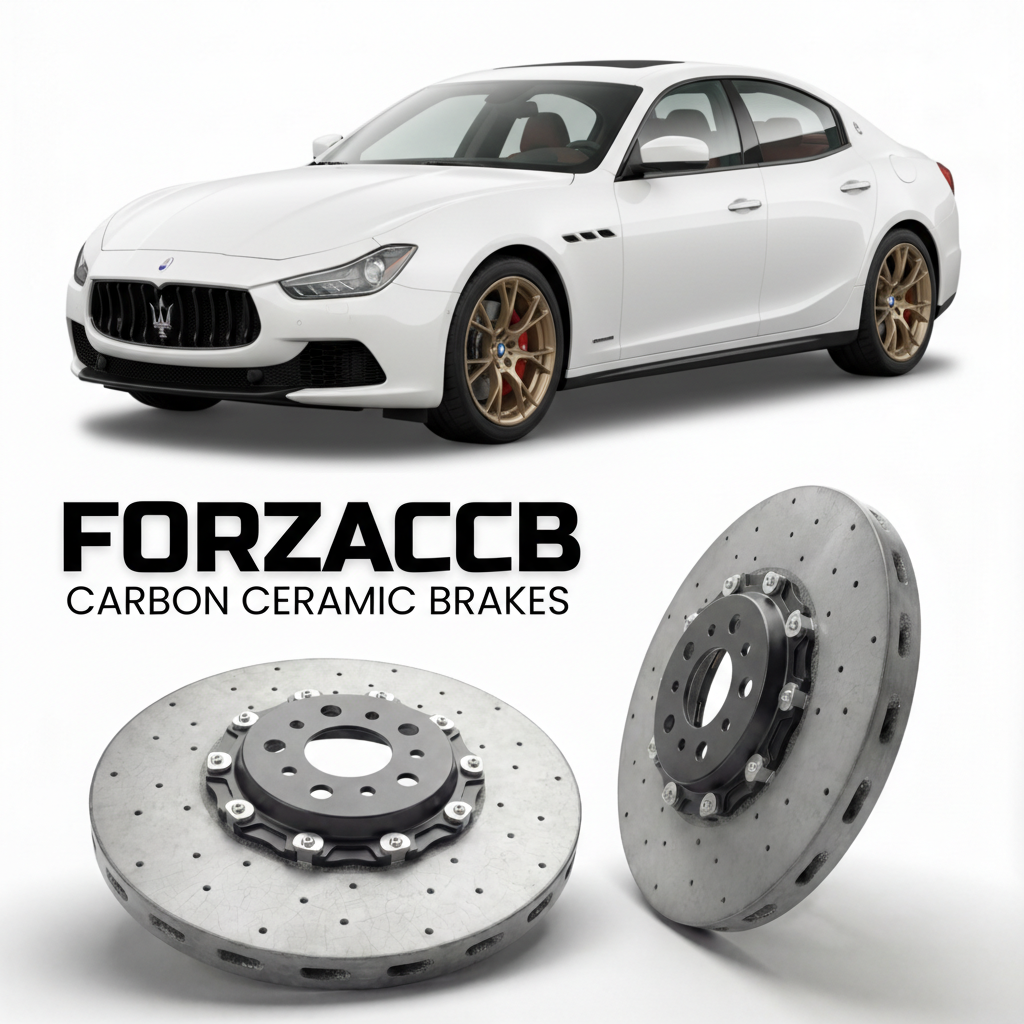 ForzaCCB direct OEM replacement carbon ceramic brake rotors for 2014 to 2023 Maserati Ghibli models, shown with a white Maserati Ghibli car.