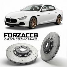 ForzaCCB direct OEM replacement carbon ceramic brake rotors for 2014 to 2023 Maserati Ghibli models, shown with a white Maserati Ghibli car.
