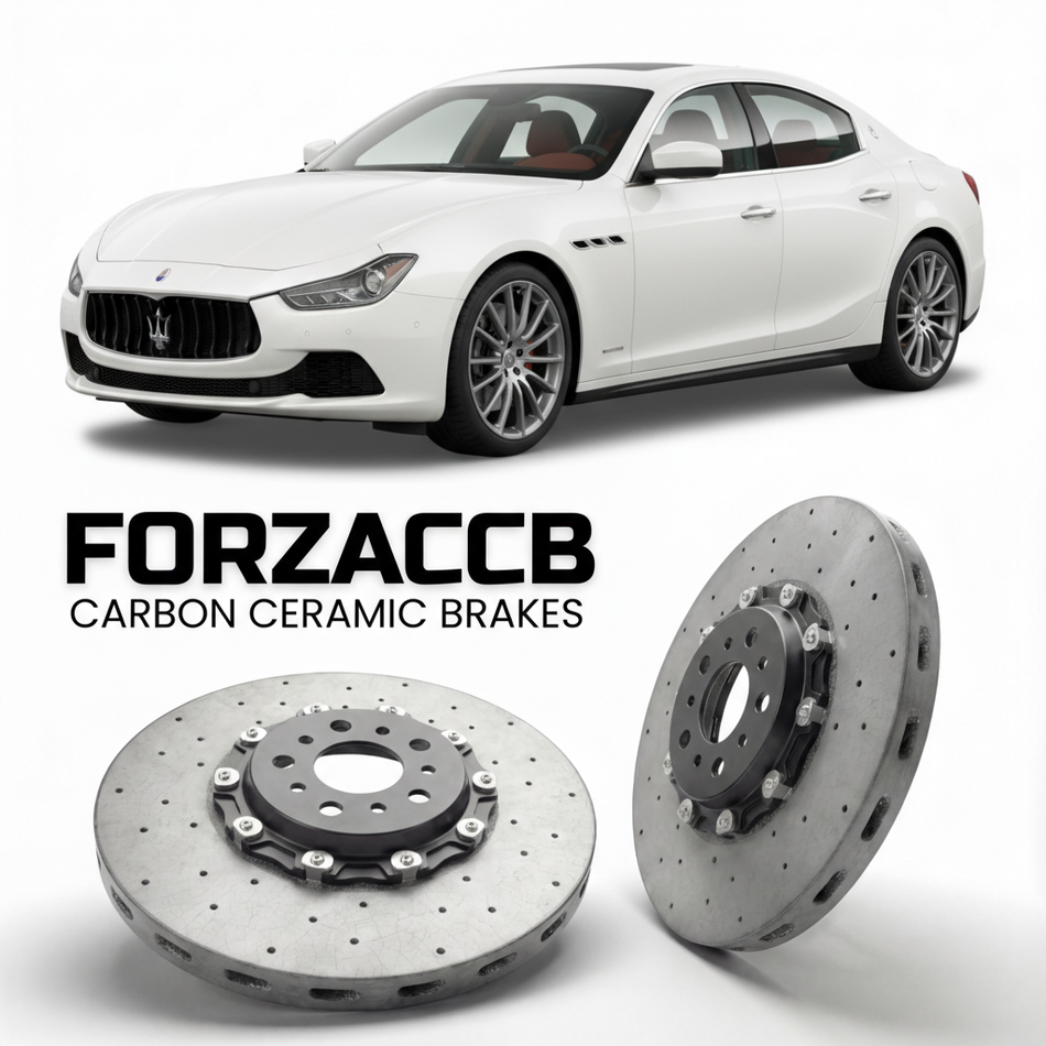 ForzaCCB direct OEM replacement carbon ceramic brake rotors for 2017 to 2023 Maserati Ghibli models, shown with a white Maserati Ghibli car.