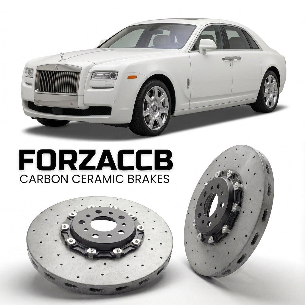 ForzaCCB direct OEM replacement carbon ceramic brake rotors for 2009 to 2014 Rolls-Royce Ghost I models, shown with a white Rolls-Royce Ghost car.