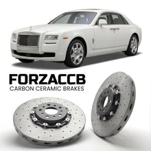 ForzaCCB direct OEM replacement carbon ceramic brake rotors for 2009 to 2014 Rolls-Royce Ghost I models, shown with a white Rolls-Royce Ghost car.