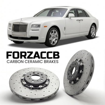 ForzaCCB direct OEM replacement carbon ceramic brake rotors for 2009 to 2014 Rolls-Royce Ghost I models, shown with a white Rolls-Royce Ghost car.