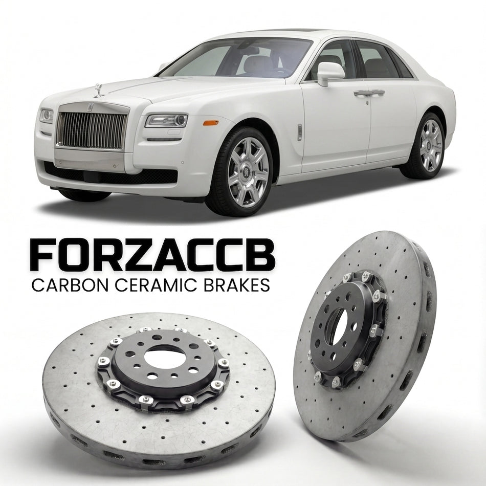 ForzaCCB direct OEM replacement carbon ceramic brake rotors for 2009 to 2014 Rolls-Royce Ghost I models, shown with a white Rolls-Royce Ghost car.