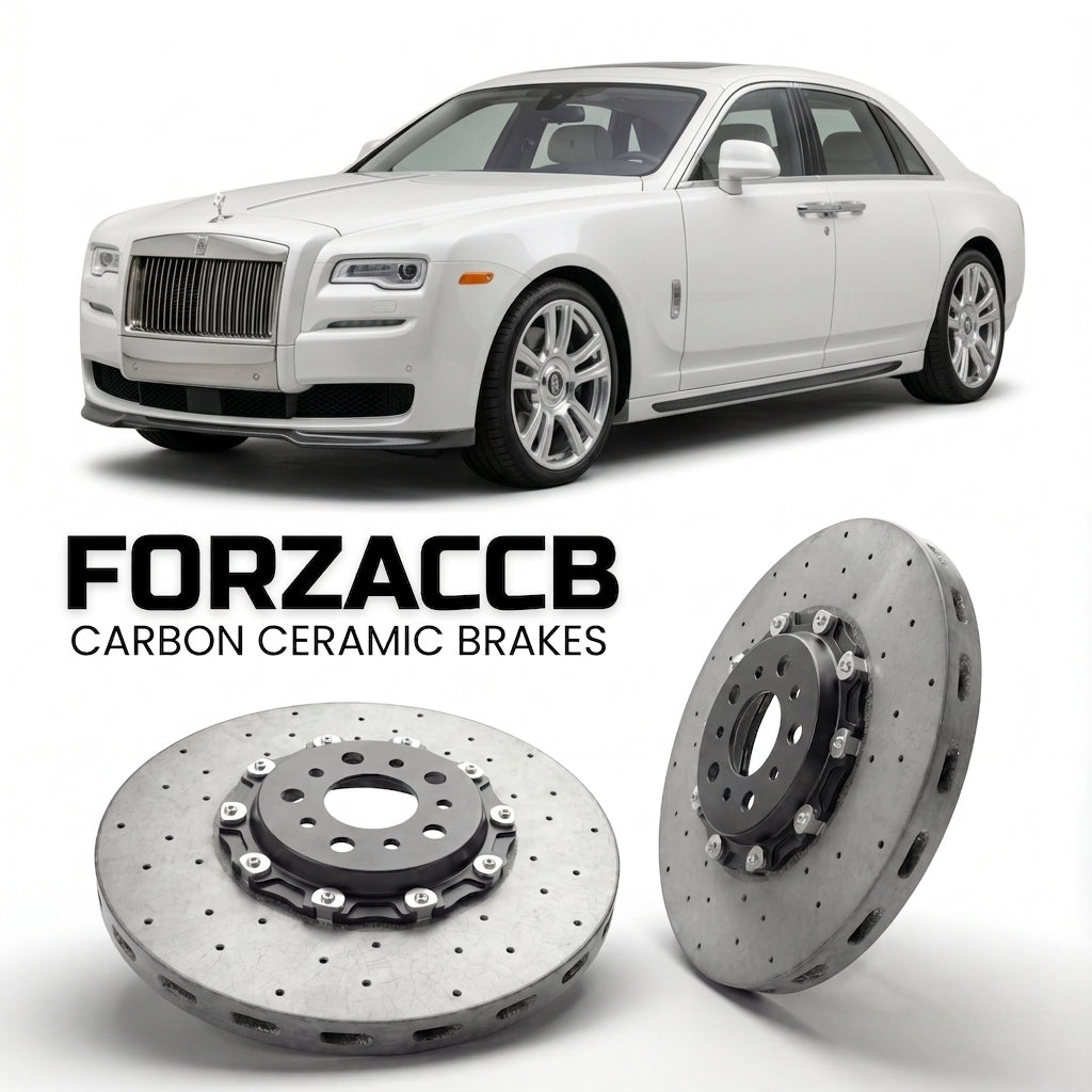 ForzaCCB direct OEM replacement carbon ceramic brake rotors for 2014-2020) Rolls-Royce Ghost Extended Wheelbase I (facelift 2014 models, shown with a white Rolls-Royce Ghost car.