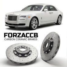 ForzaCCB direct OEM replacement carbon ceramic brake rotors for 2014-2020) Rolls-Royce Ghost Extended Wheelbase I (facelift 2014 models, shown with a white Rolls-Royce Ghost car.