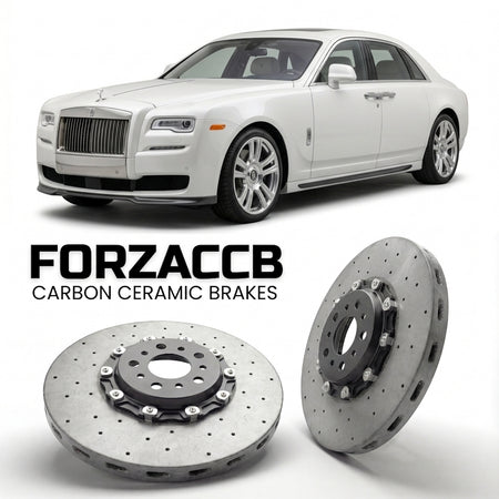 ForzaCCB direct OEM replacement carbon ceramic brake rotors for 2014-2020) Rolls-Royce Ghost Extended Wheelbase I (facelift 2014 models, shown with a white Rolls-Royce Ghost car.