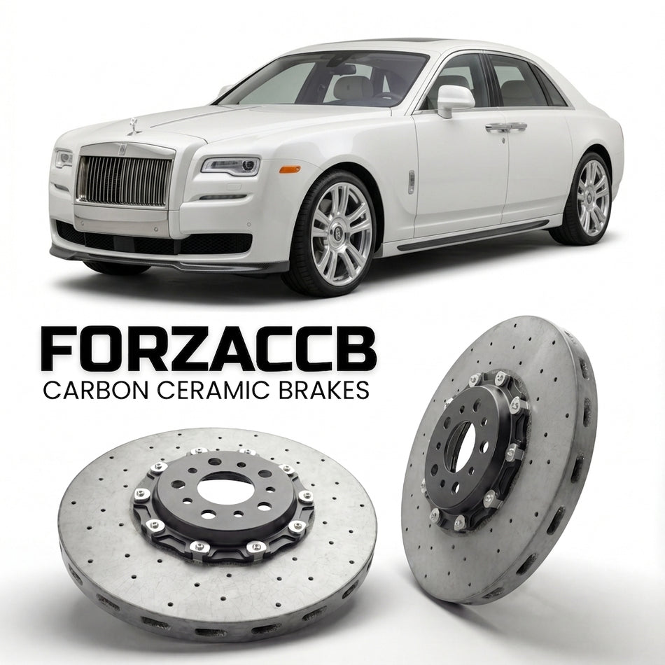 ForzaCCB direct OEM replacement carbon ceramic brake rotors for 2014-2020) Rolls-Royce Ghost Extended Wheelbase I (facelift 2014 models, shown with a white Rolls-Royce Ghost car.