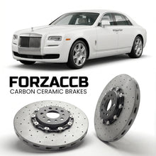 ForzaCCB direct OEM replacement carbon ceramic brake rotors for 2014-2020) Rolls-Royce Ghost I (facelift 2014 models, shown with a white Rolls-Royce Ghost car.