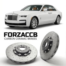 ForzaCCB direct OEM replacement carbon ceramic brake rotors for 2020 and newer Rolls-Royce Ghost Extended Wheelbase II models, shown with a white Rolls-Royce Ghost car.