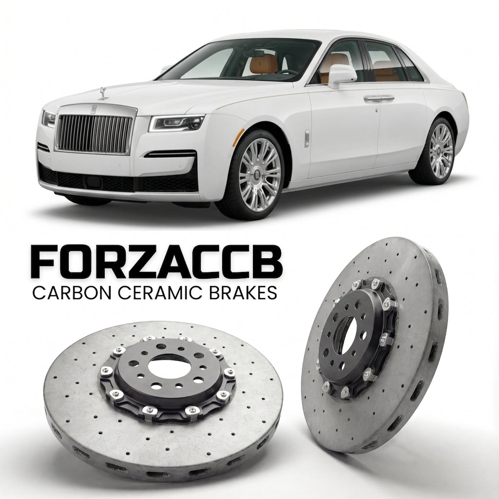 ForzaCCB direct OEM replacement carbon ceramic brake rotors for 2020 and newer Rolls-Royce Ghost Extended Wheelbase II models, shown with a white Rolls-Royce Ghost car.