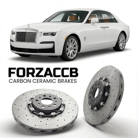 ForzaCCB direct OEM replacement carbon ceramic brake rotors for 2020 and newer Rolls-Royce Ghost Extended Wheelbase II models, shown with a white Rolls-Royce Ghost car.