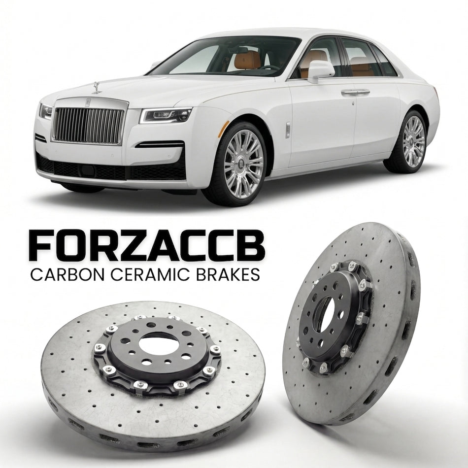 ForzaCCB direct OEM replacement carbon ceramic brake rotors for 2020 and newer Rolls-Royce Ghost Extended Wheelbase II models, shown with a white Rolls-Royce Ghost car.