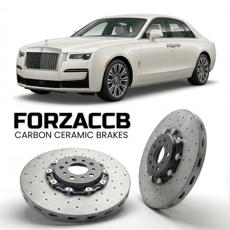 ForzaCCB direct OEM replacement carbon ceramic brake rotors for 2020 and newer Rolls-Royce Ghost II models, shown with a white Rolls-Royce Ghost car.