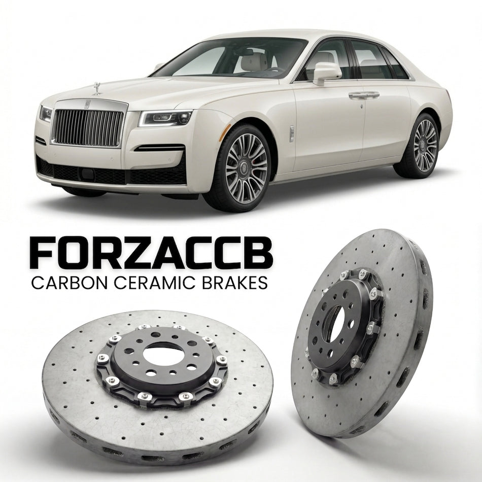 ForzaCCB direct OEM replacement carbon ceramic brake rotors for 2020 and newer Rolls-Royce Ghost II models, shown with a white Rolls-Royce Ghost car.