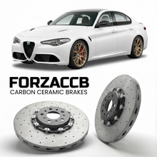 ForzaCCB direct OEM replacement carbon ceramic brake rotors for 2016 to 2022 Alfa Romeo Giulia 952 models, shown with a white Alfa Romeo Giulia car.